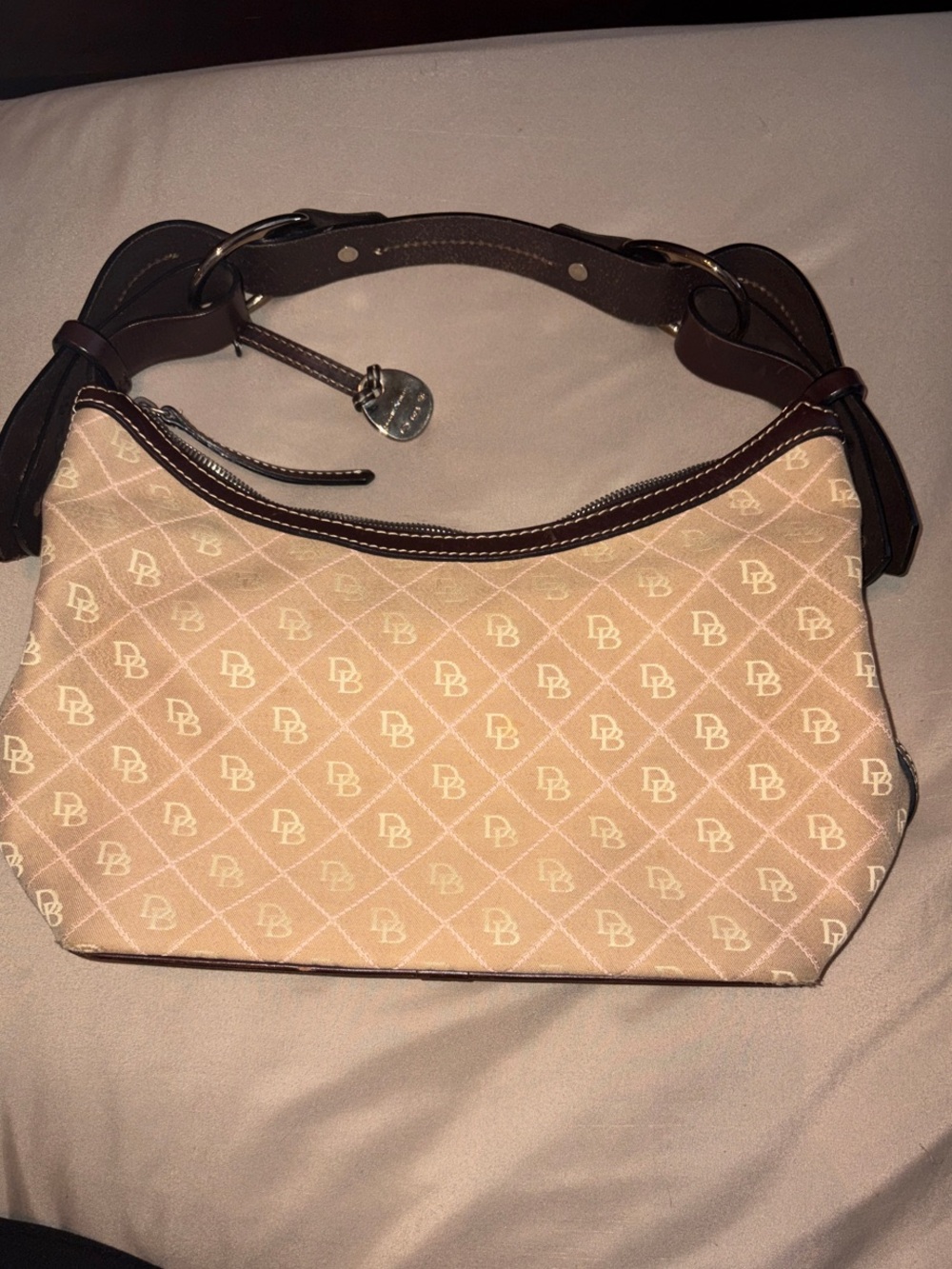 Dooney & Bourke Beige Monogram Shoulder Bag with Brown Trim